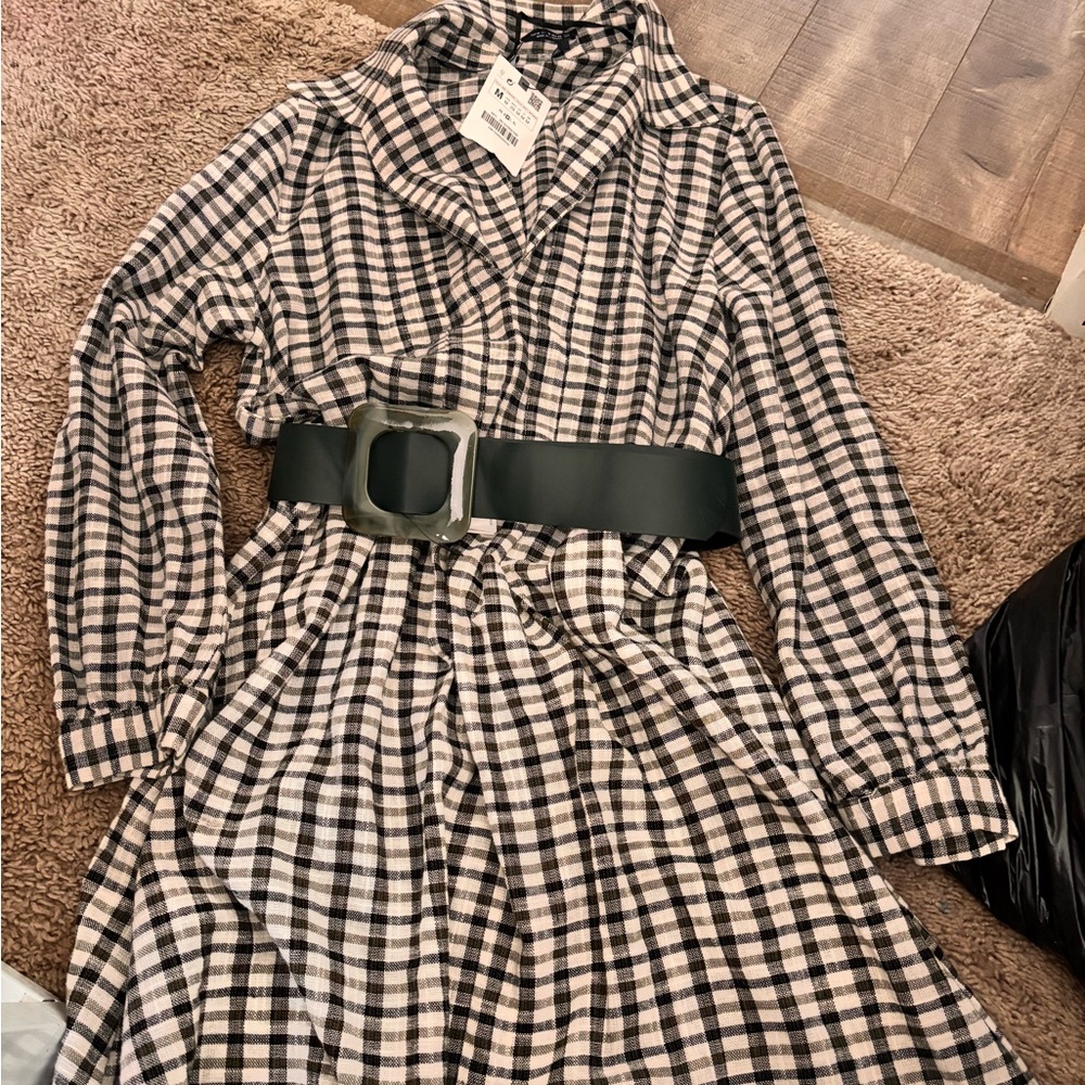 Plaid Long-Sleeve Dress with Belt